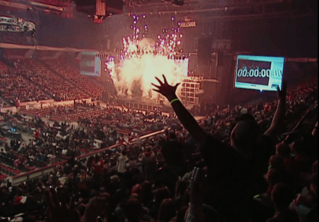 The countdown of ATF's start time hits zero and a handful of explosions light up the stage. The crowd goes wild!
