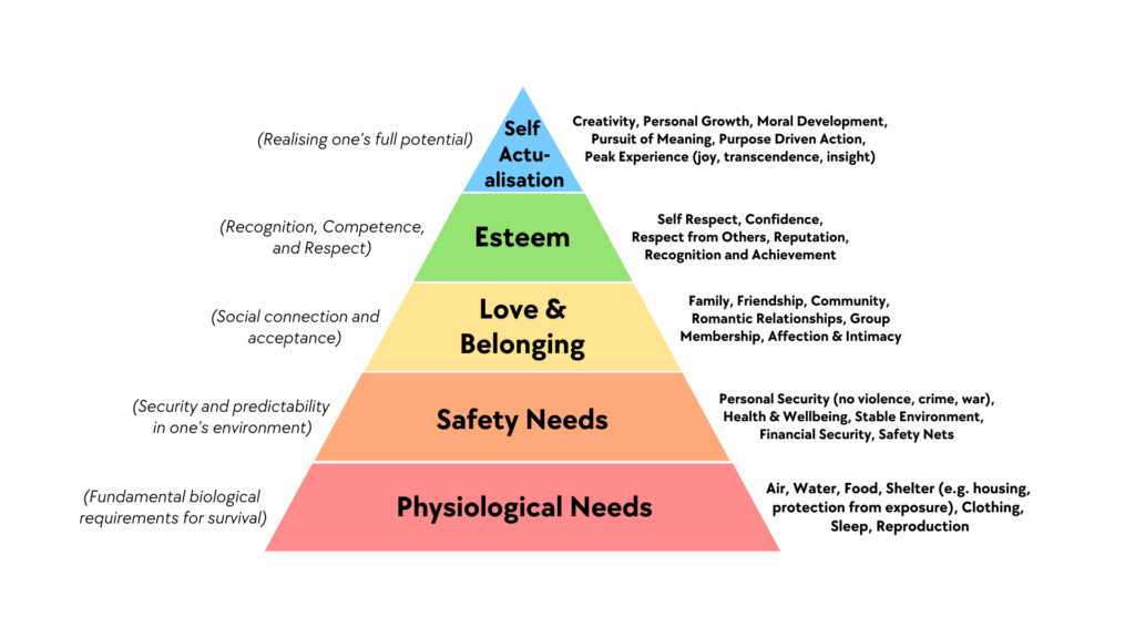 Maslow's Hierarchy of Needs is a pyramid those shows the different needs a human needs. The base has physiological needs like food/water and shelter. The next level is safety needs like stability and health. On top of this is love & belonging where family, friends, and community come into play. Esteem shows the need for self-respect and confidence. On the top of the pyramid is self actualization where we are finally able to be creative, grow, and realize our purpose.