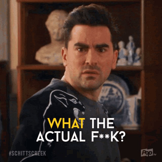 A gif of the cute gay (David?) from the TV show Schitt's Creek mouthing with his whole chest, "What the actual F**K?"