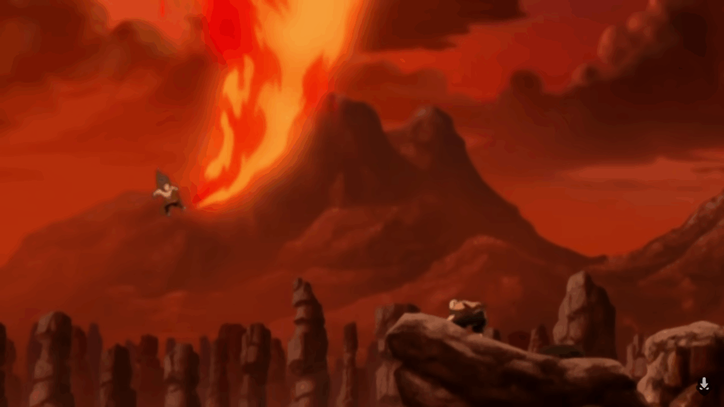 Avatar Aang lands on a pointed rock as Fire Lord Ozai flies through the sky with a massive fire kick bearing down on Aang. The battle occurs in a ravine with hundreds of stone columns as if they make a forest of rock. The scene is muted in color and is very red focused, evoking a feeling of doom and despair for the world if Ozai, the big evil baddie, prevails.